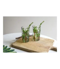 Set De Mojito 2 Vaso Pintado A Mano Palmeras Pajitas Love&home